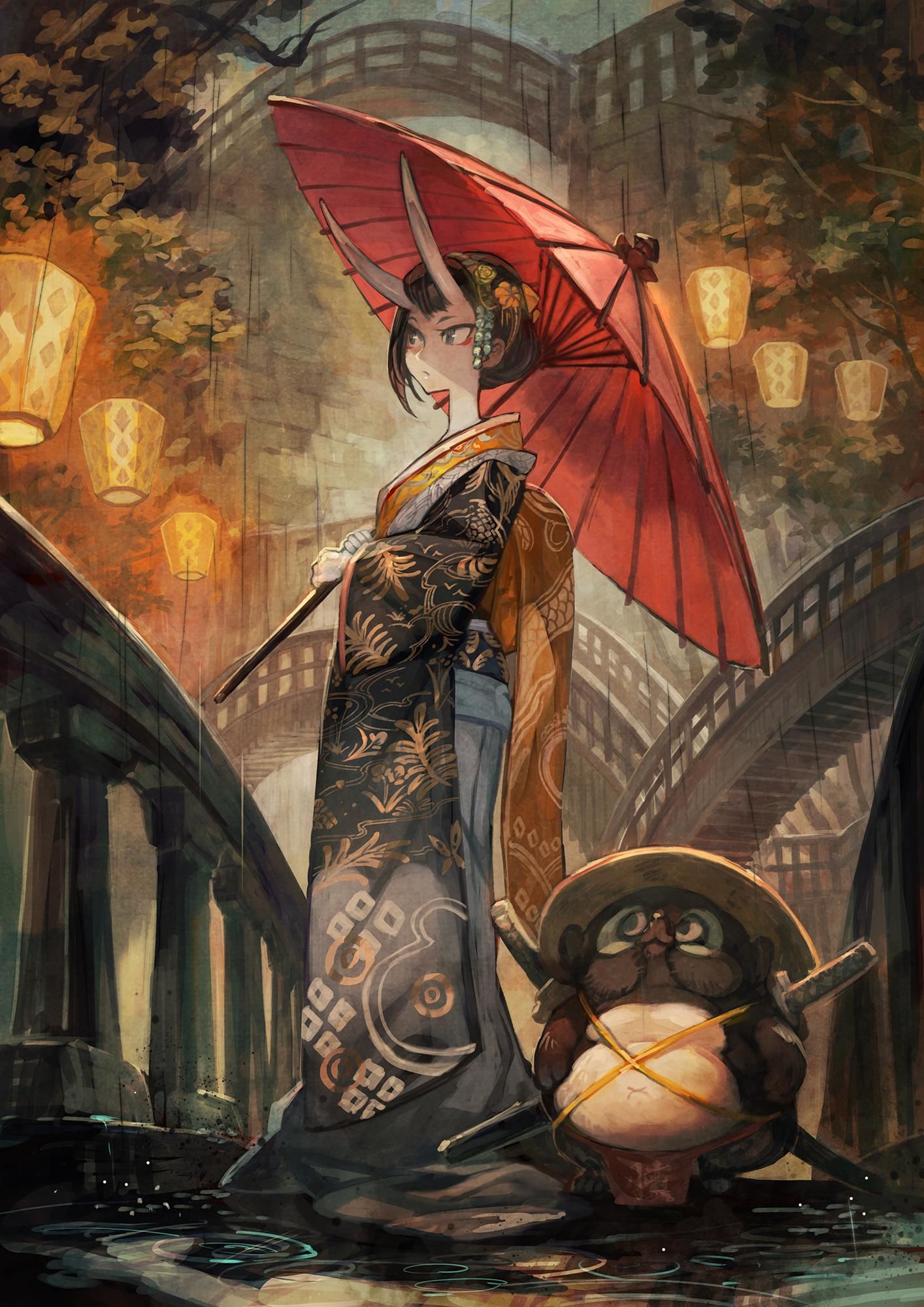 黑色的雨红色的伞插画图片壁纸