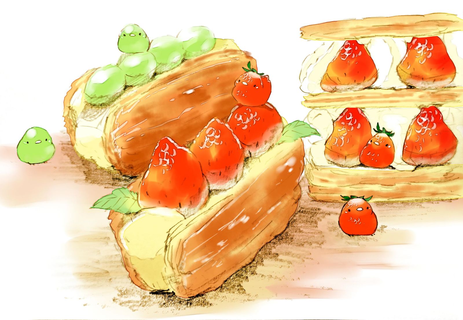 草莓和葡萄的千层派插画图片壁纸