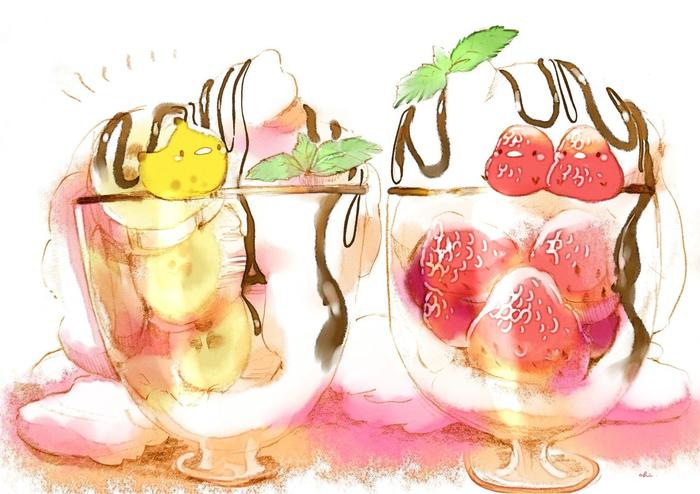 草莓香蕉芭菲插画图片壁纸