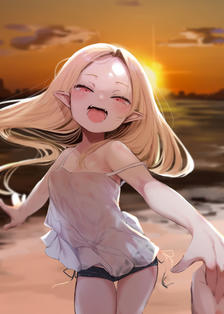 想和吸血鬼女孩在日落的沙滩上玩插画图片壁纸