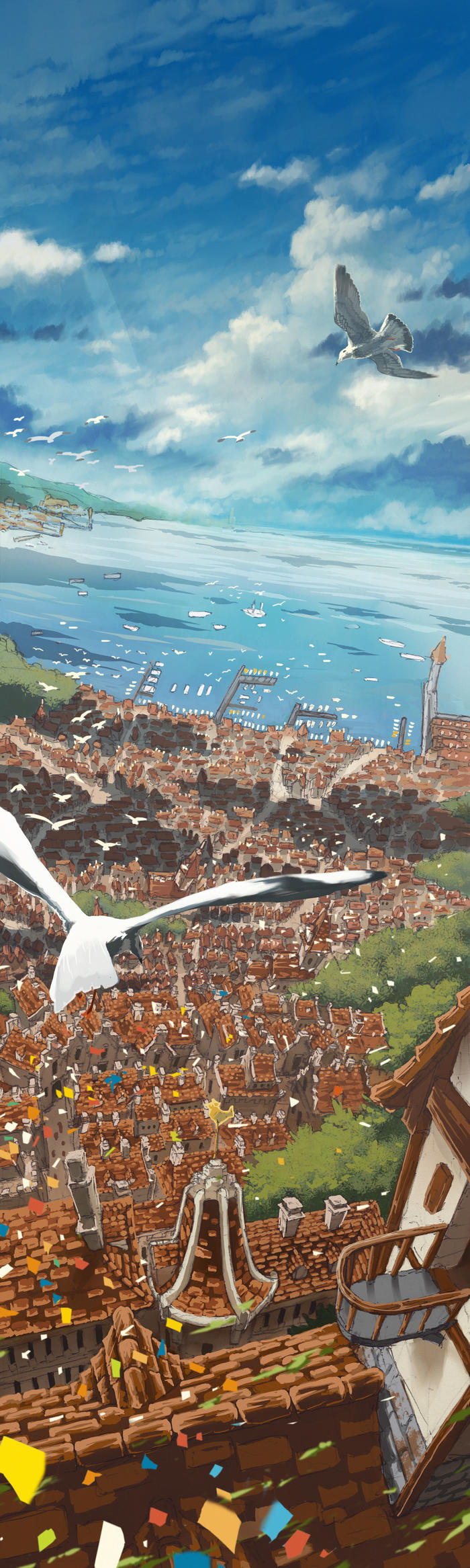 晴朗的港口城市插画图片壁纸