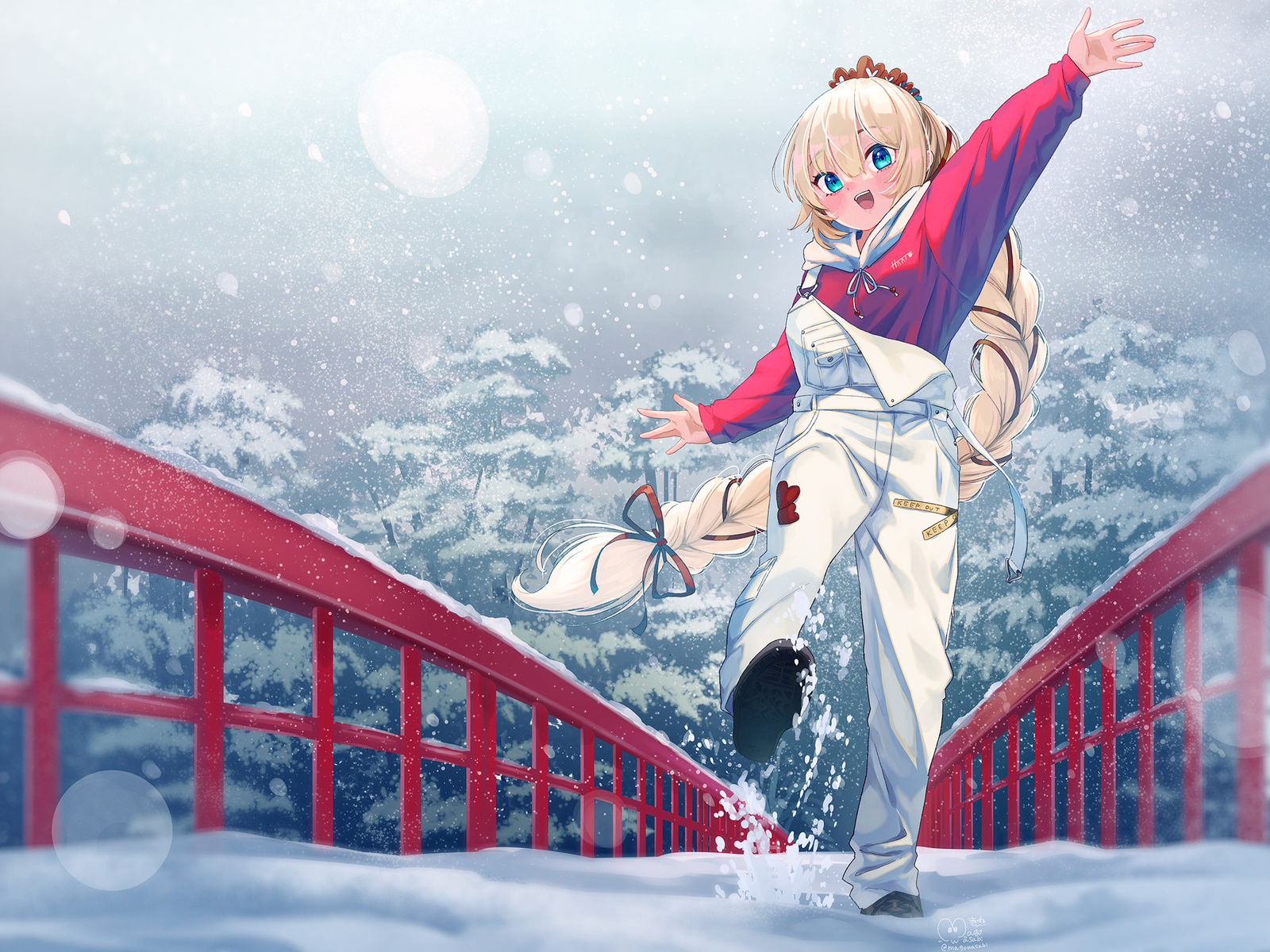 冬天的福浦桥和小原插画图片壁纸