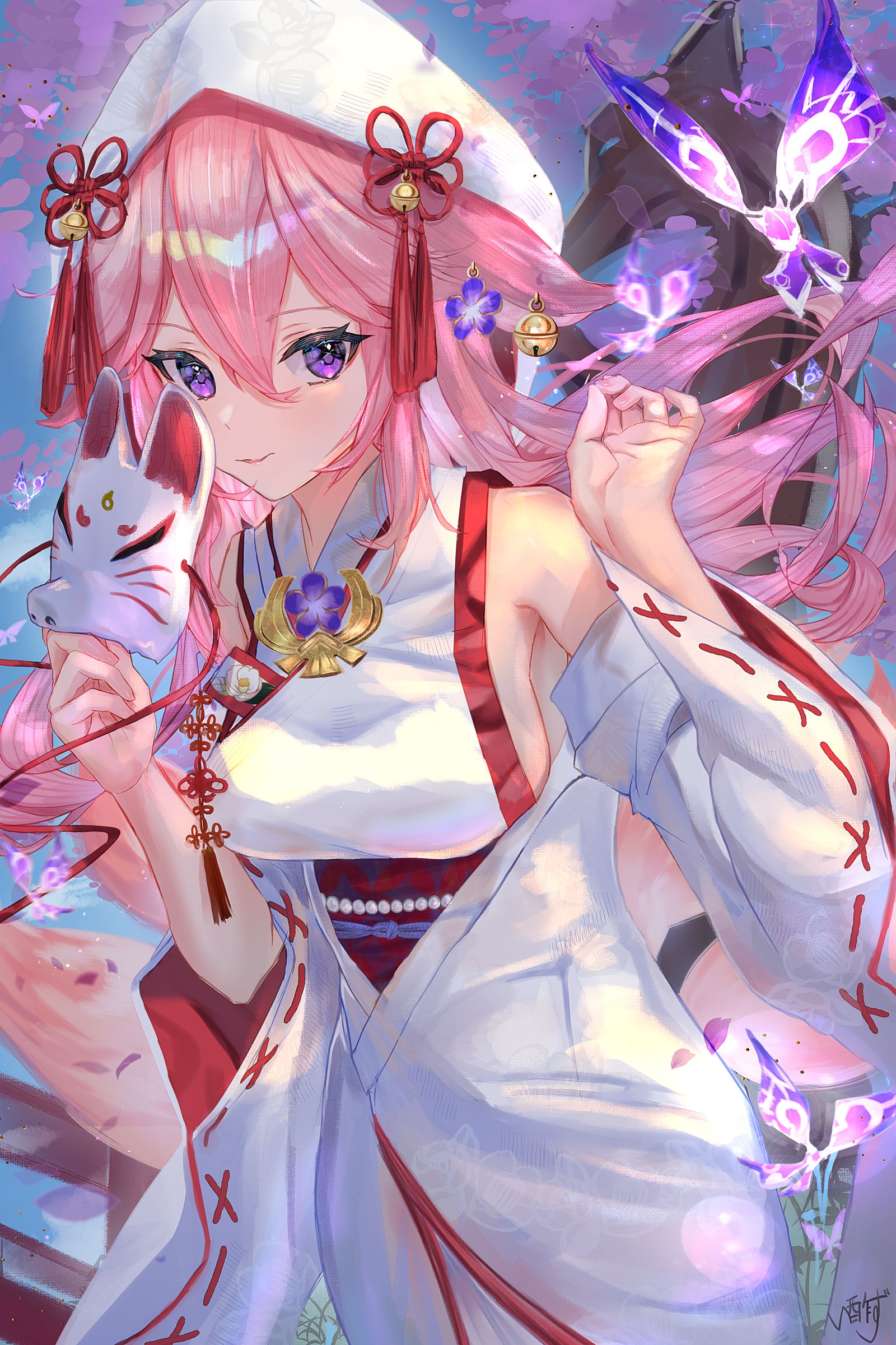 白無垢八重神子插画图片壁纸