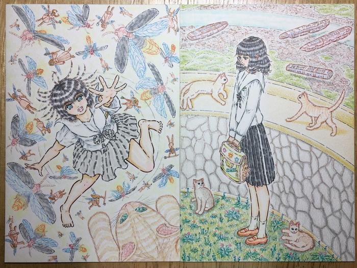 “妖精飞舞的萤之乡”和“想在这个城市等待的少女”插画图片壁纸