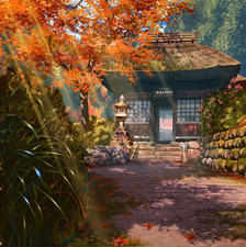 秋天的寺院插画图片壁纸