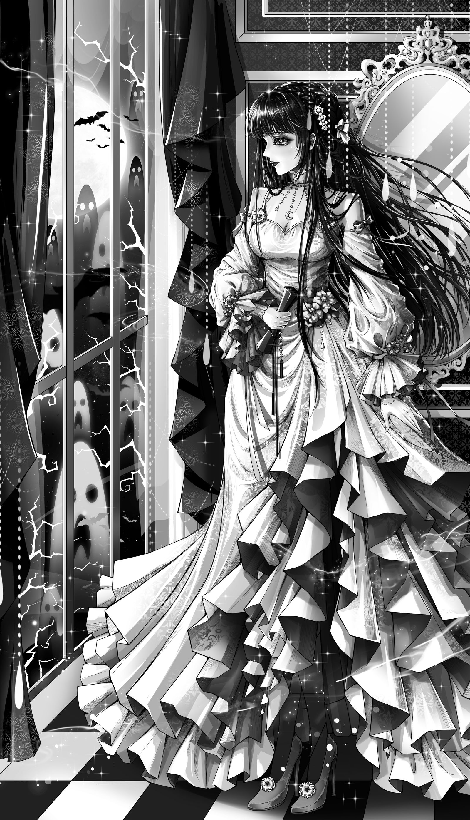 幽灵公主-黑白插画暗黑复古