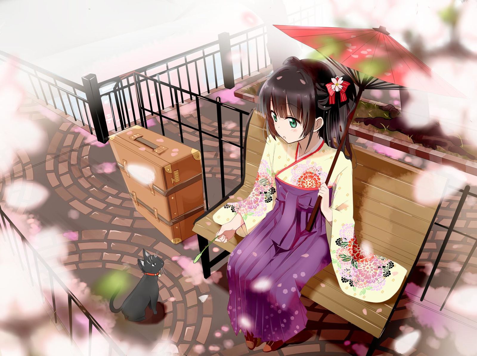 猫、樱花和袴少女