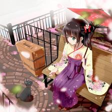 猫、樱花和袴少女插画图片壁纸