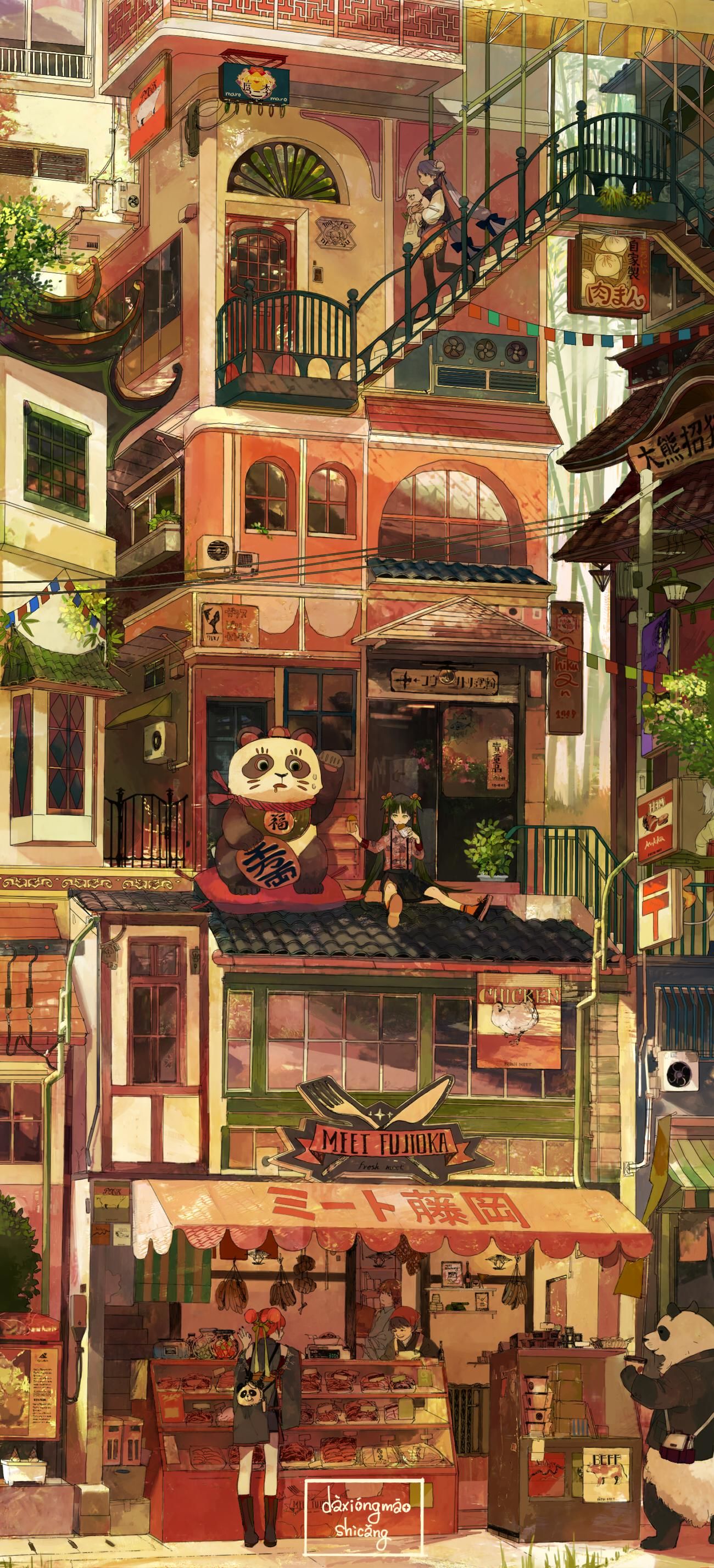 大熊猫商店街插画图片壁纸
