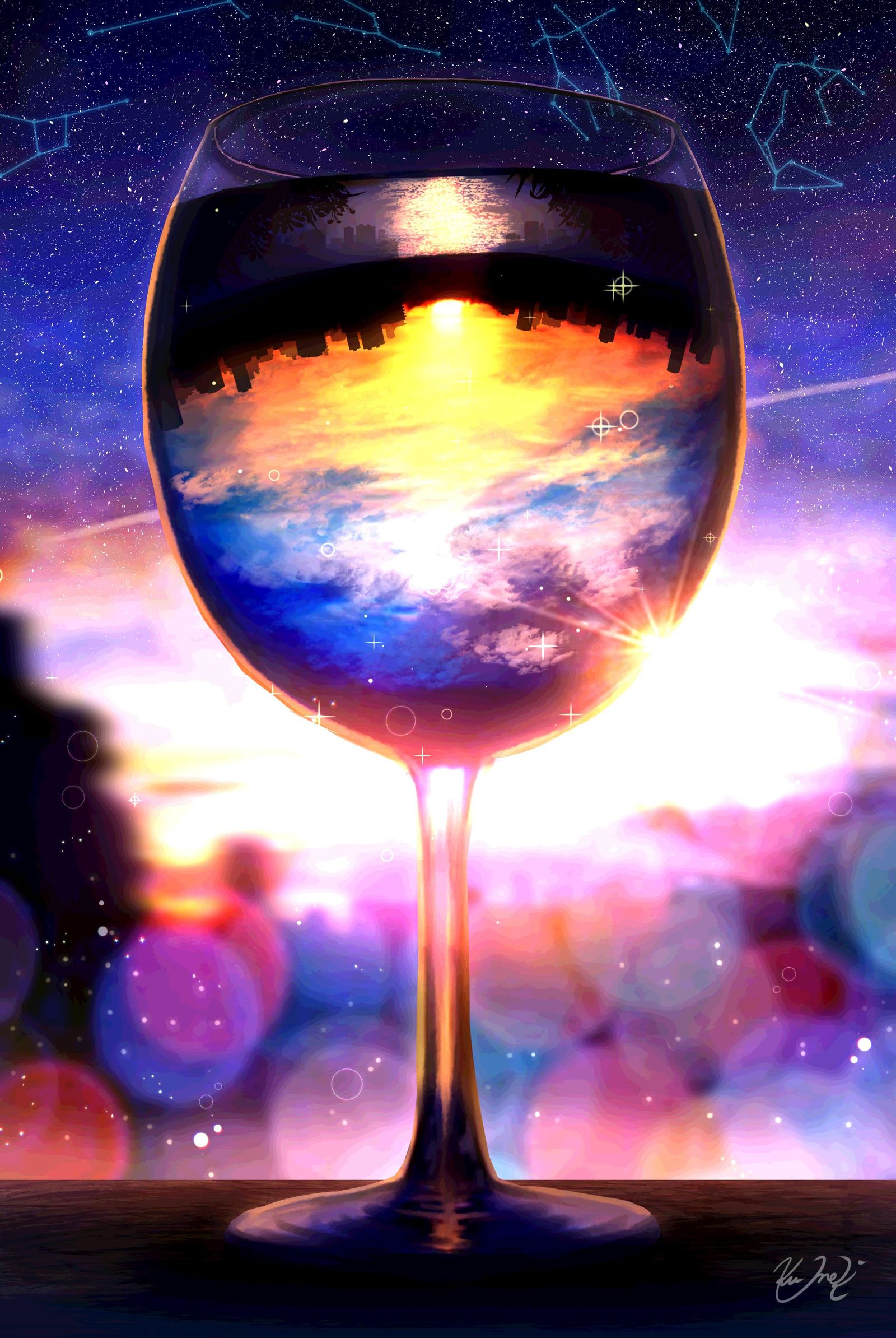 葡萄酒杯的黄昏插画图片壁纸