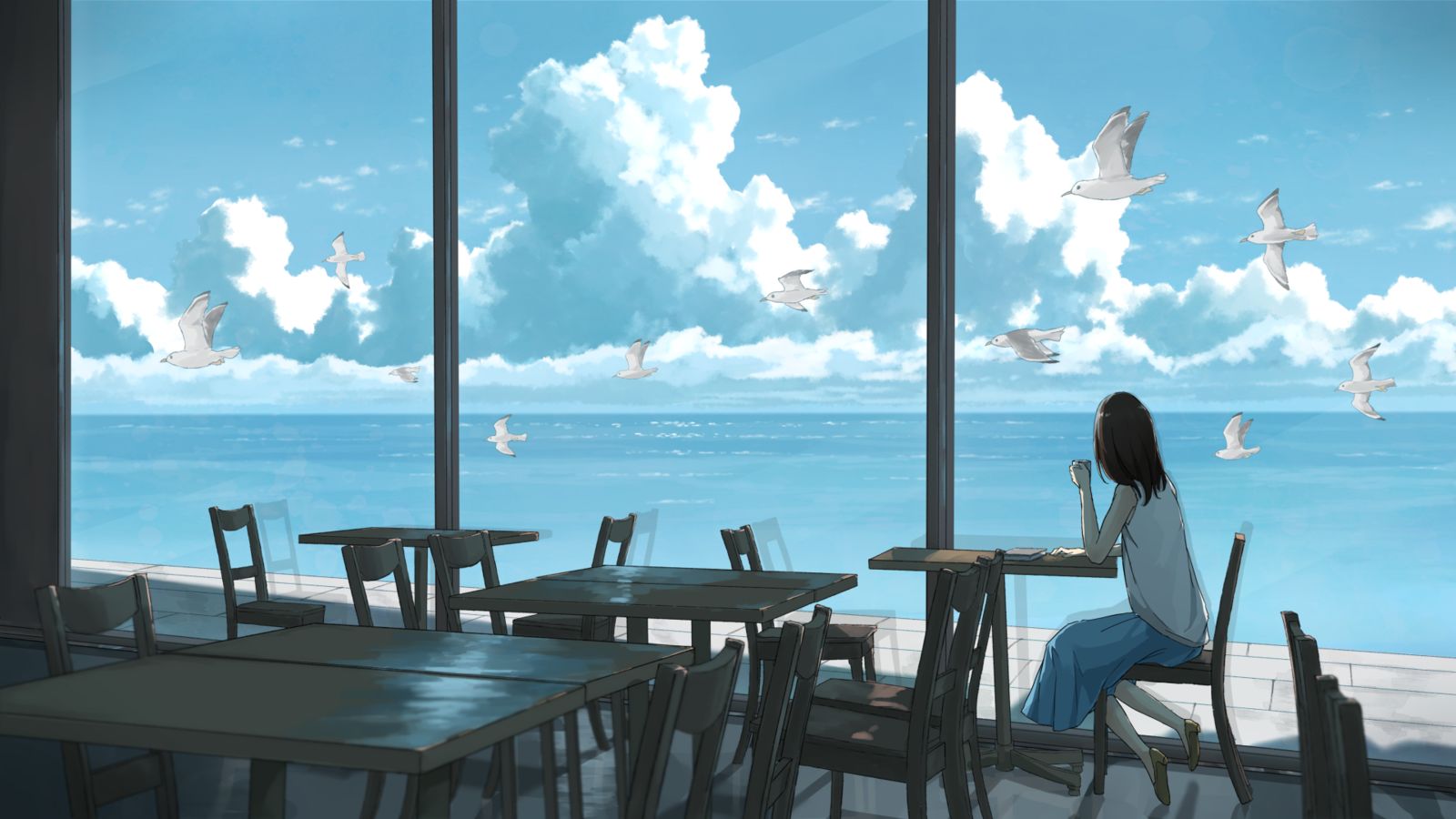 在能看到海的咖啡馆插画图片壁纸