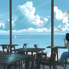 在能看到海的咖啡馆插画图片壁纸