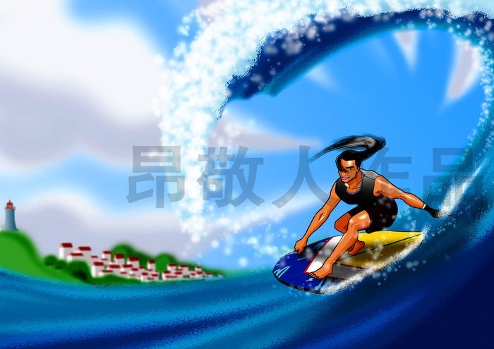 在宫崎骏的夏天冲浪插画图片壁纸