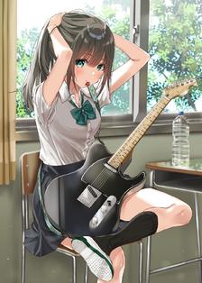 吉他少女坐在自己座位上的事情插画图片壁纸