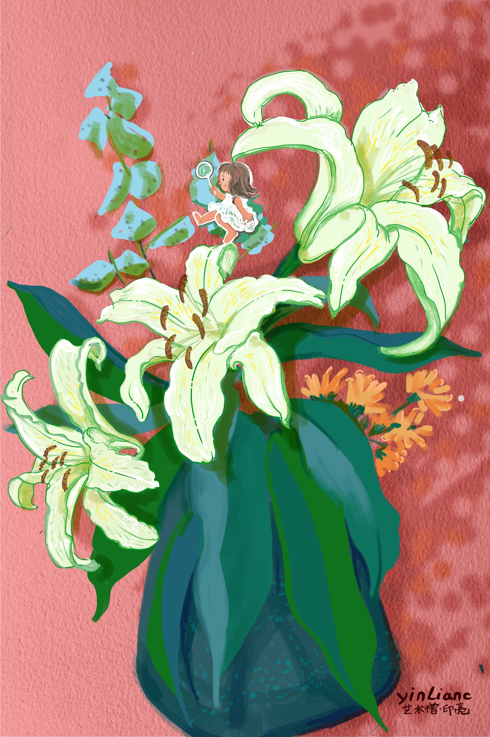 百合花和白衣仙子插画图片壁纸