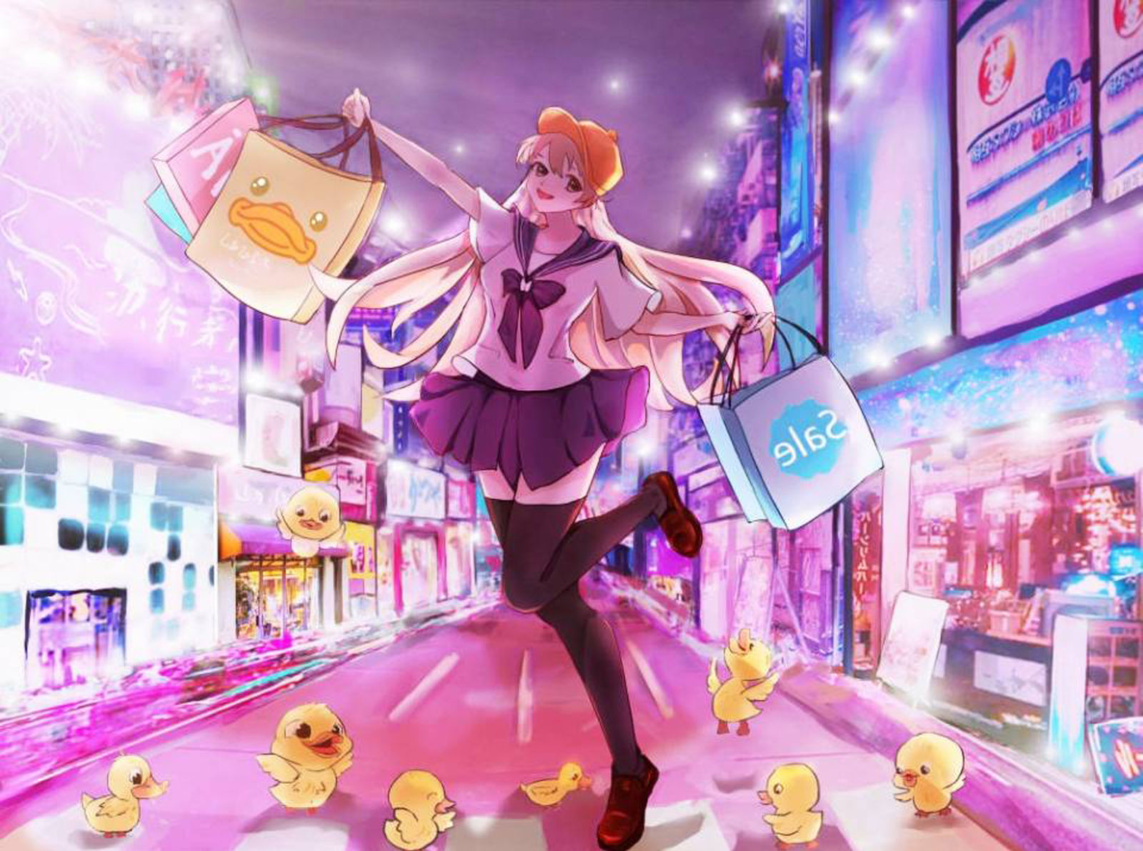 城市购物女孩和她的小鸭子
