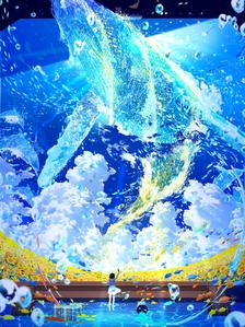 描绘夏天天空的《游蓝色的鲸鱼》插画图片壁纸