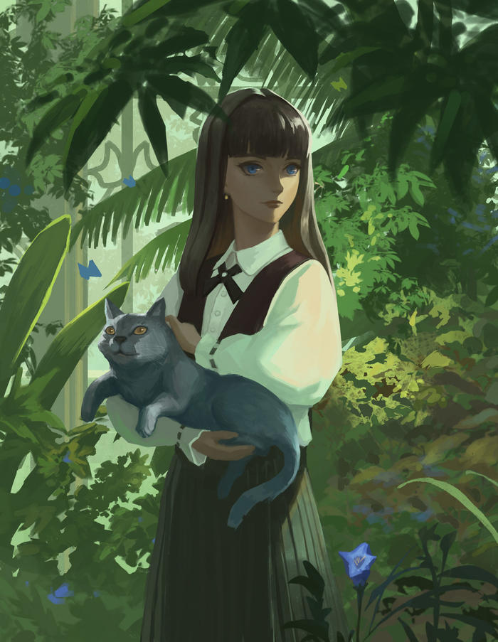 抱猫少女与植物园插画图片壁纸