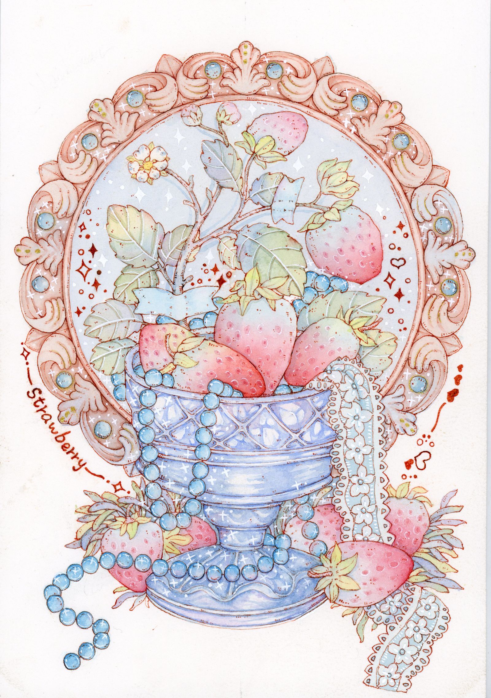 钢笔淡彩——玻璃杯+镜子+草莓+珍珠插画图片壁纸