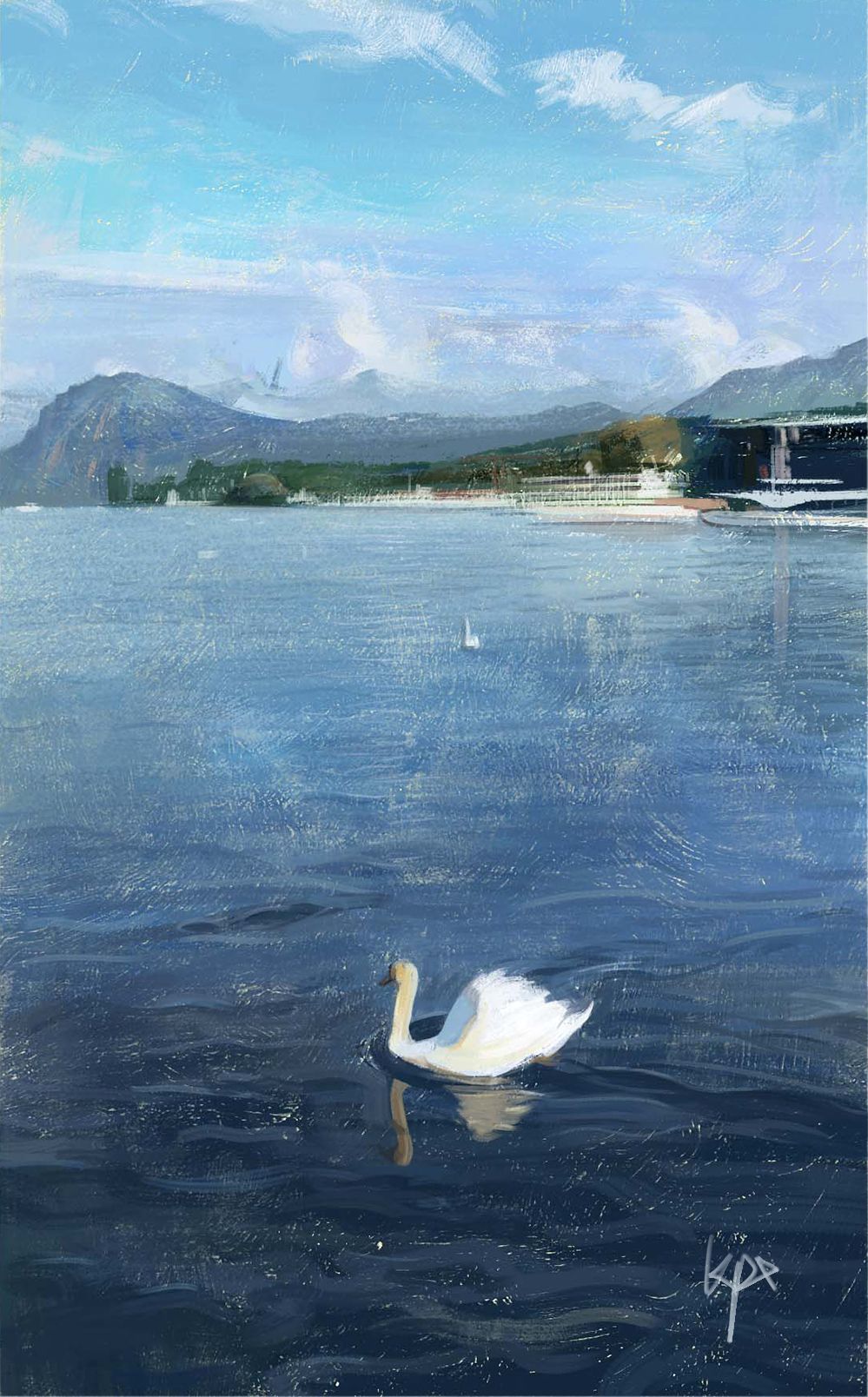 瑞士湖泊-风景插画板绘竖图