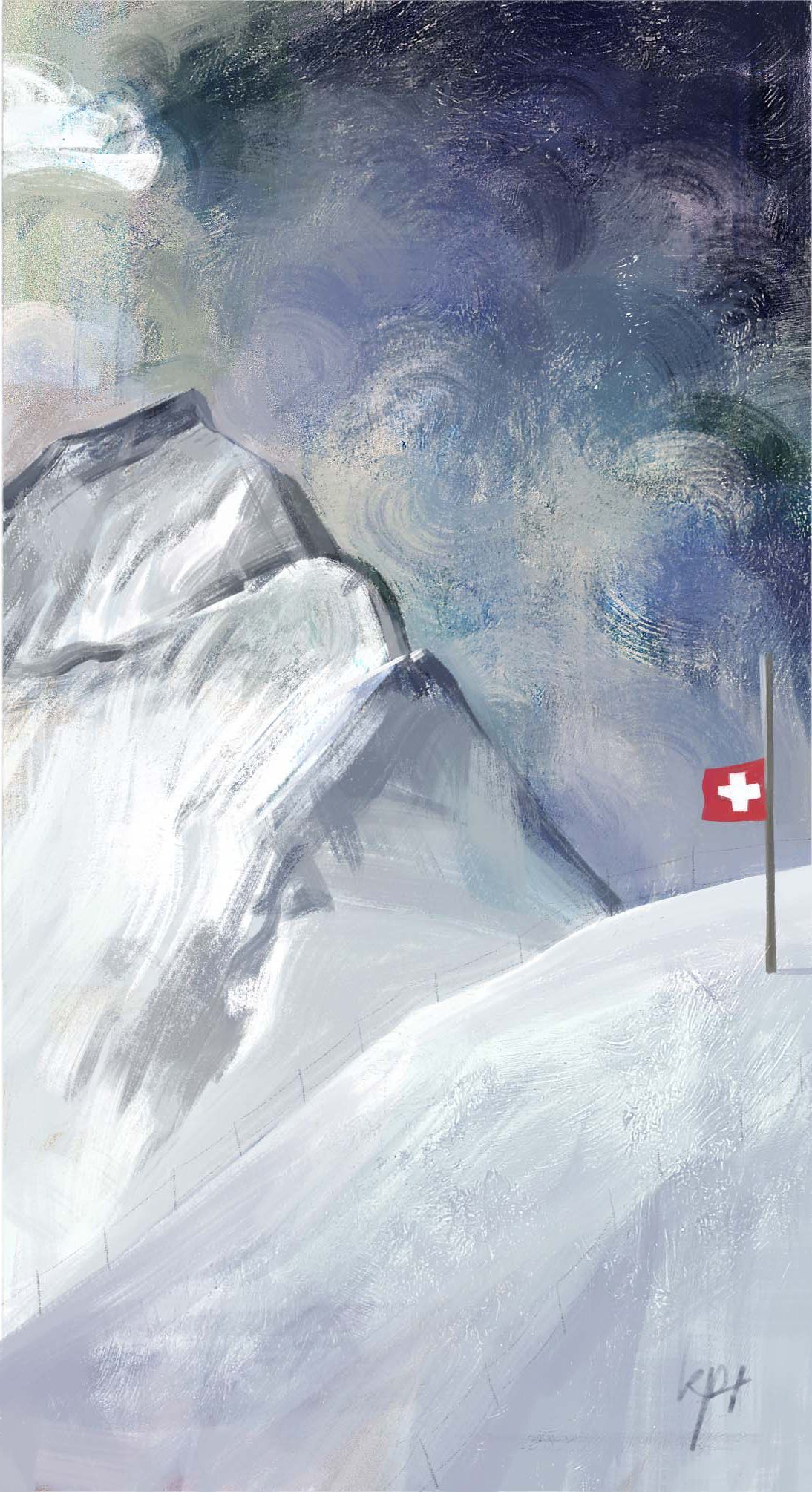 瑞士山峰-风景插画板绘竖图
