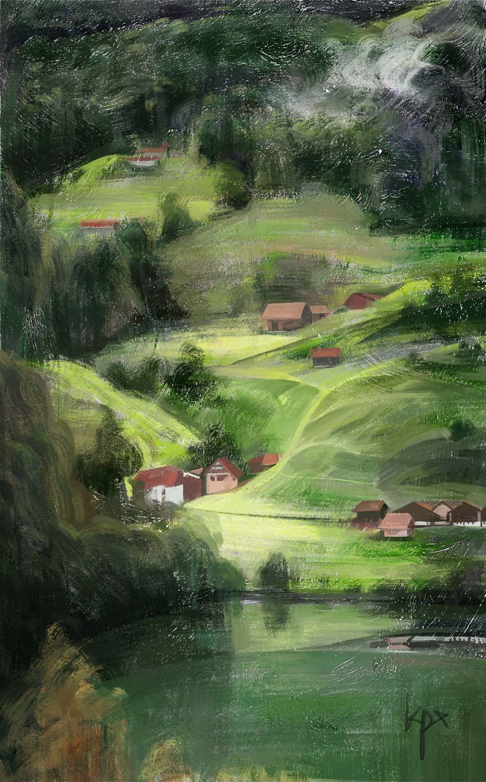 瑞士村庄-风景插画板绘竖图