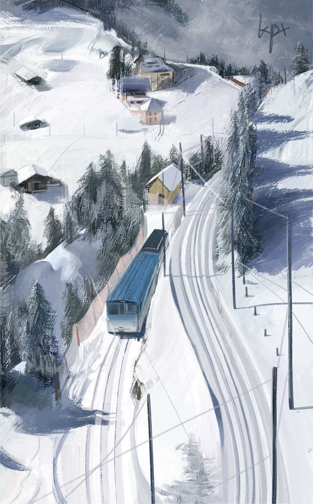 瑞士雪景-风景插画板绘竖图