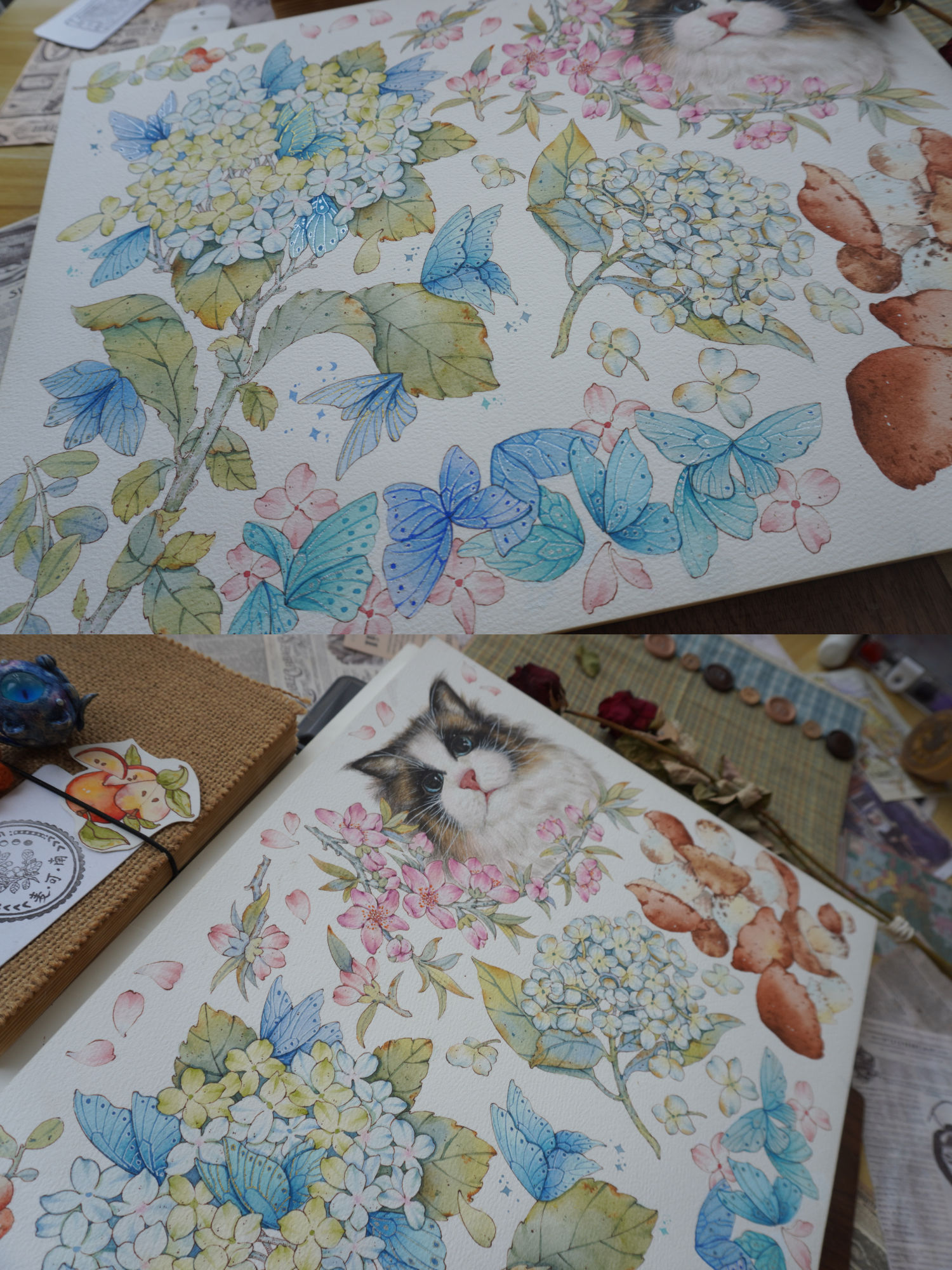 水彩——猫咪+绣球+蘑菇+蝴蝶插画图片壁纸