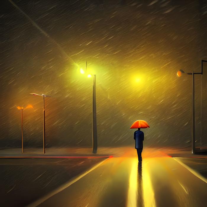 晚上下雨的街道,孤单打伞的路人插画图片壁纸