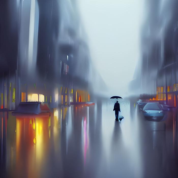 晚上下雨的街道,孤单打伞的路人插画图片壁纸