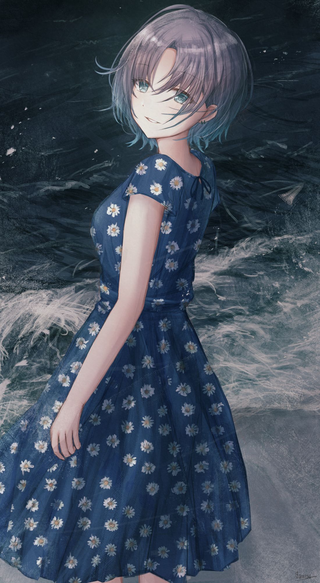 蓝色花纹的连衣裙
