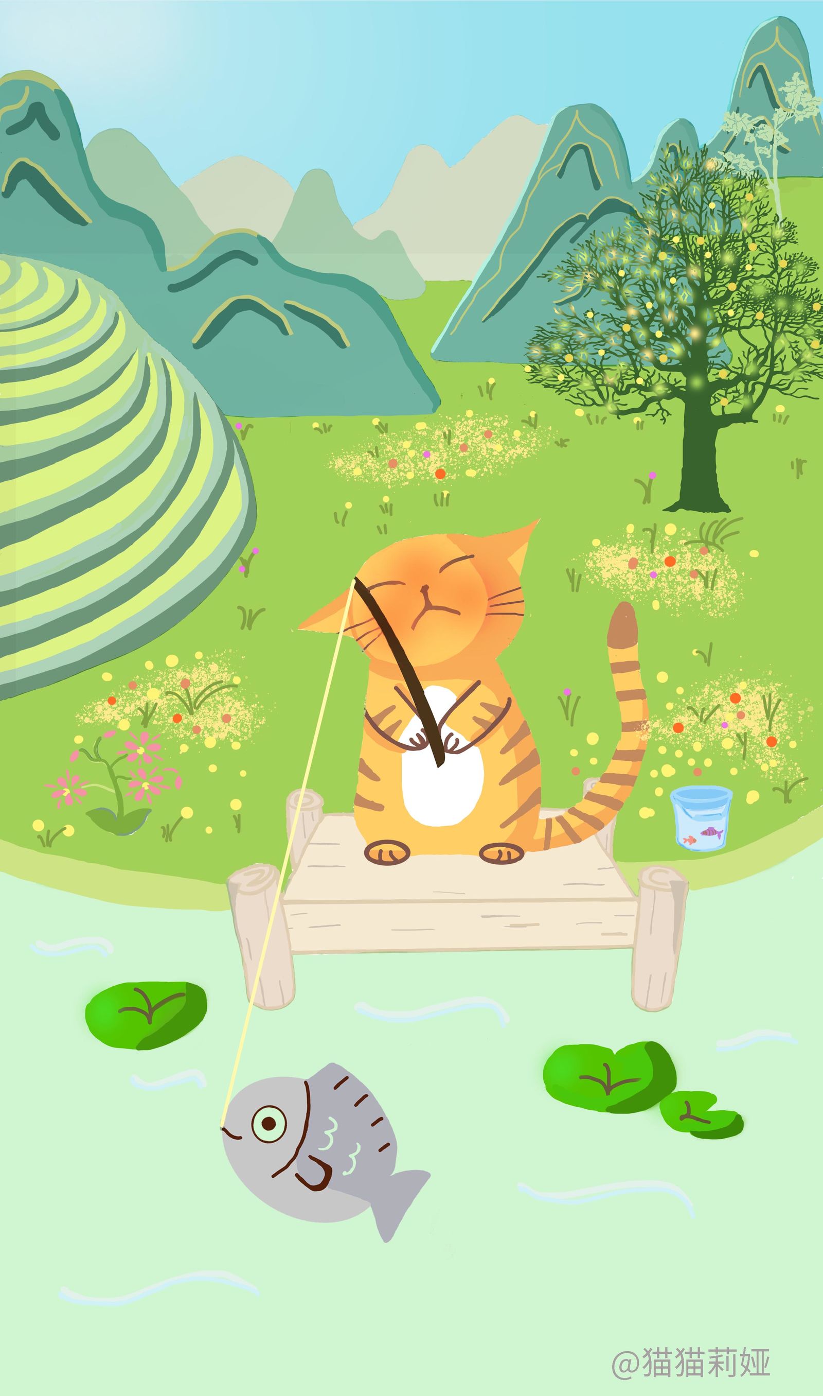 小猫钓鱼-儿童插画绘本插画