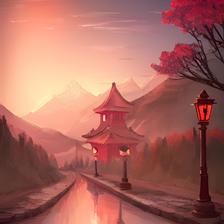 赤色路灯，井口，山峰，寺庙，台阶。 路标，火堆，樱花，风，山插画图片壁纸