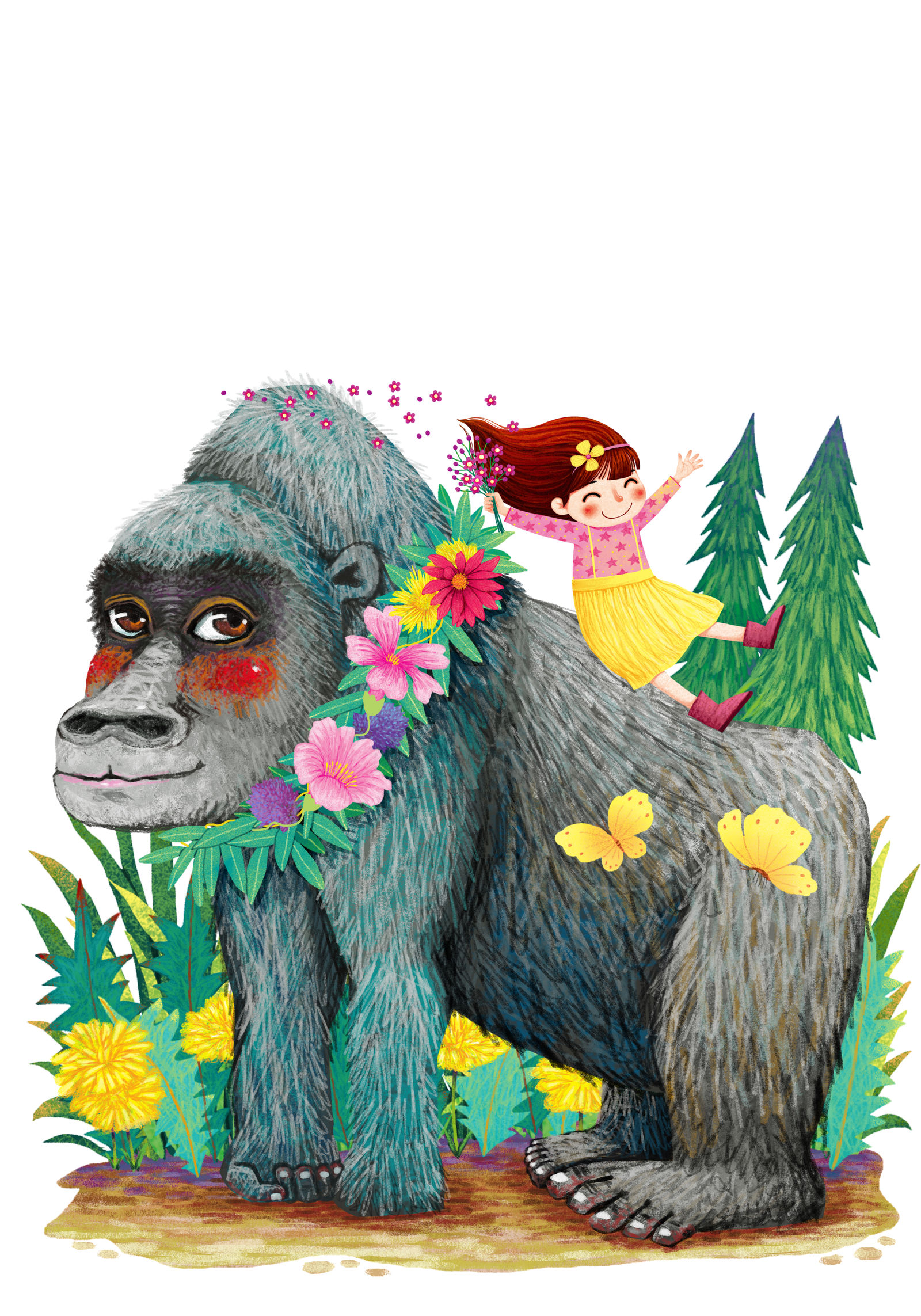 在猩猩背上玩耍的小女孩插画图片壁纸