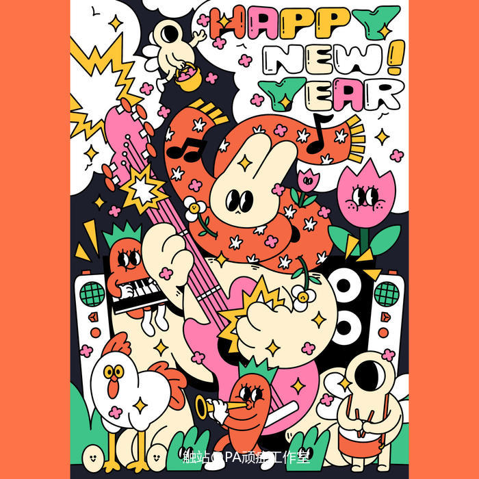 爆裂兔子阿jo的新年演奏插画图片壁纸