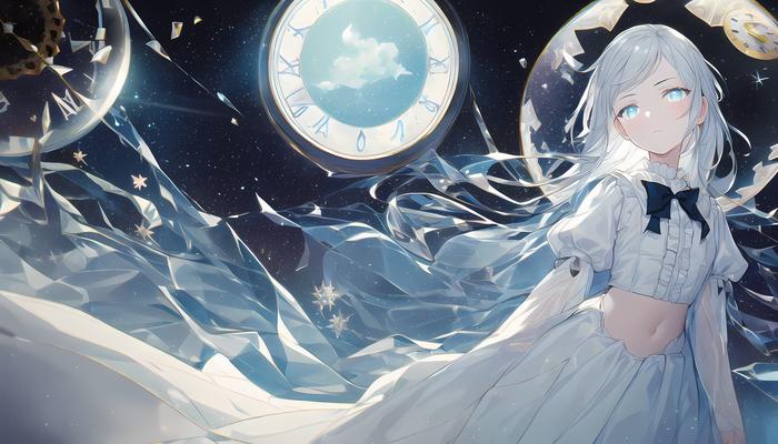 时钟，星空，与少女插画图片壁纸