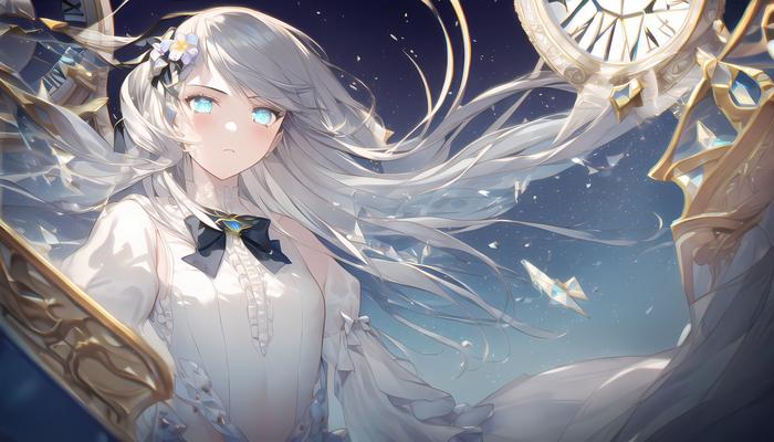 时钟，星空，与少女插画图片壁纸