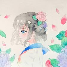 水彩花与女孩插画图片壁纸