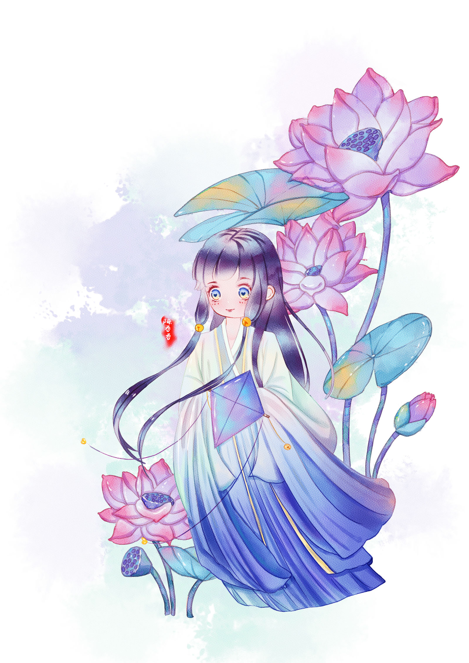 水彩人物荷花小女孩插画图片壁纸