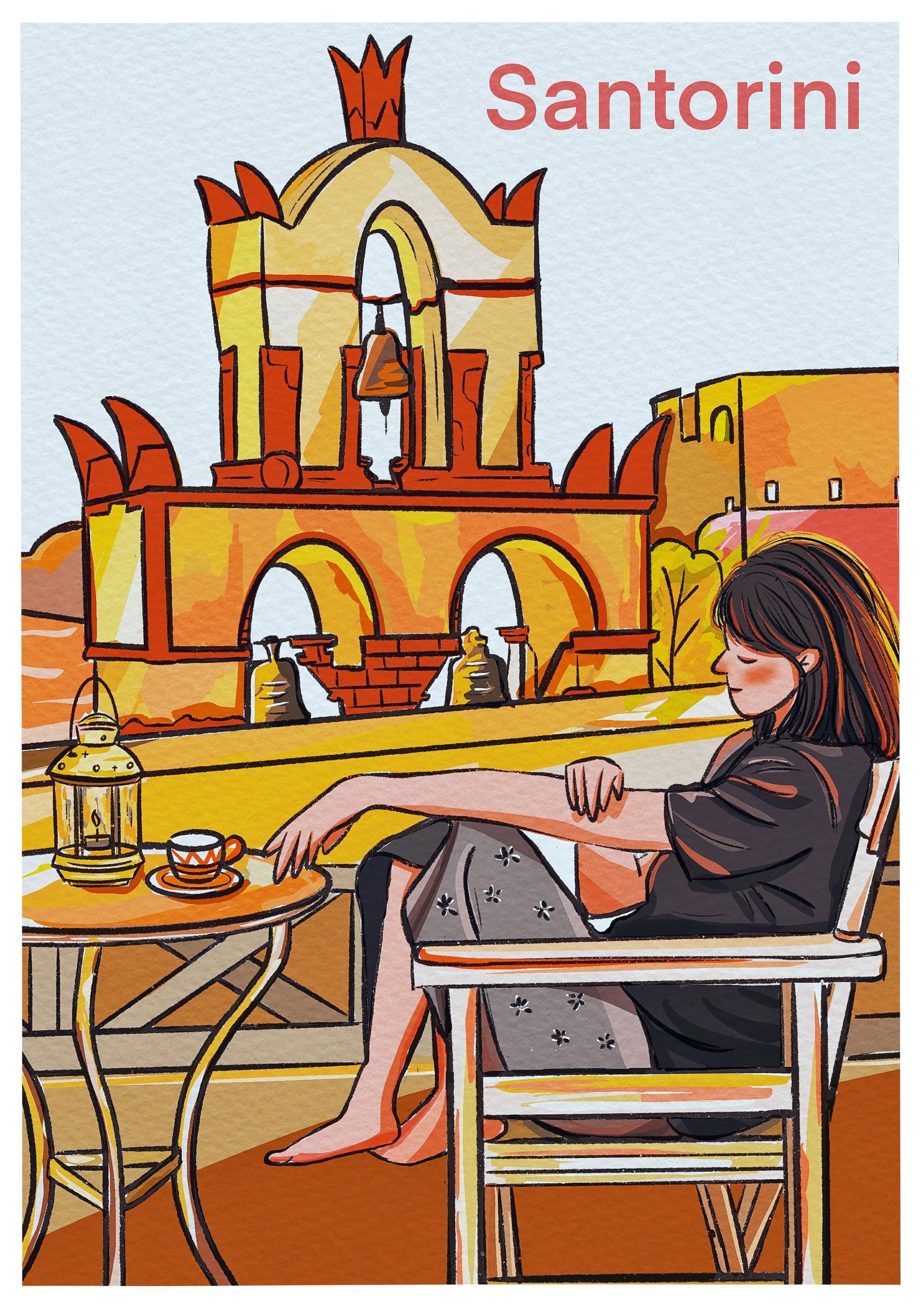 插画|圣托里尼等日落