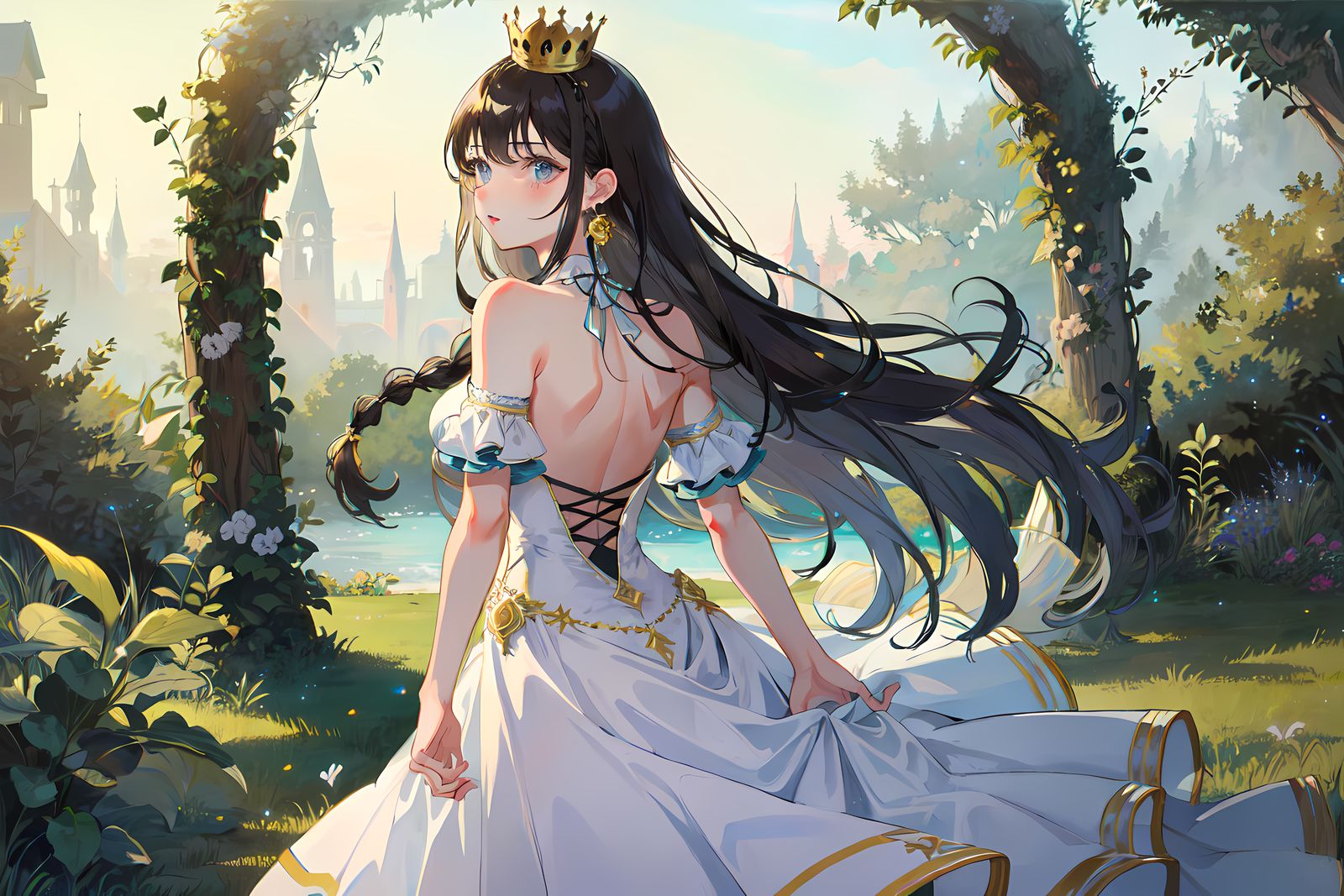 二次元校园女神悠闲湖边露背秀长裙