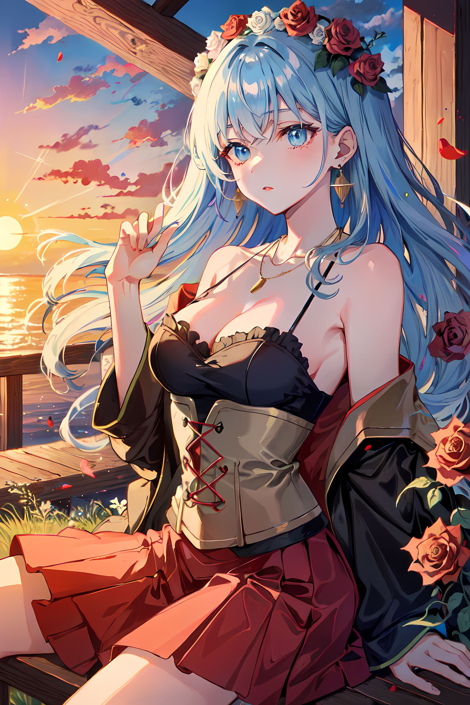 红玫瑰与女孩：花瓣落下的夕阳下插画图片壁纸