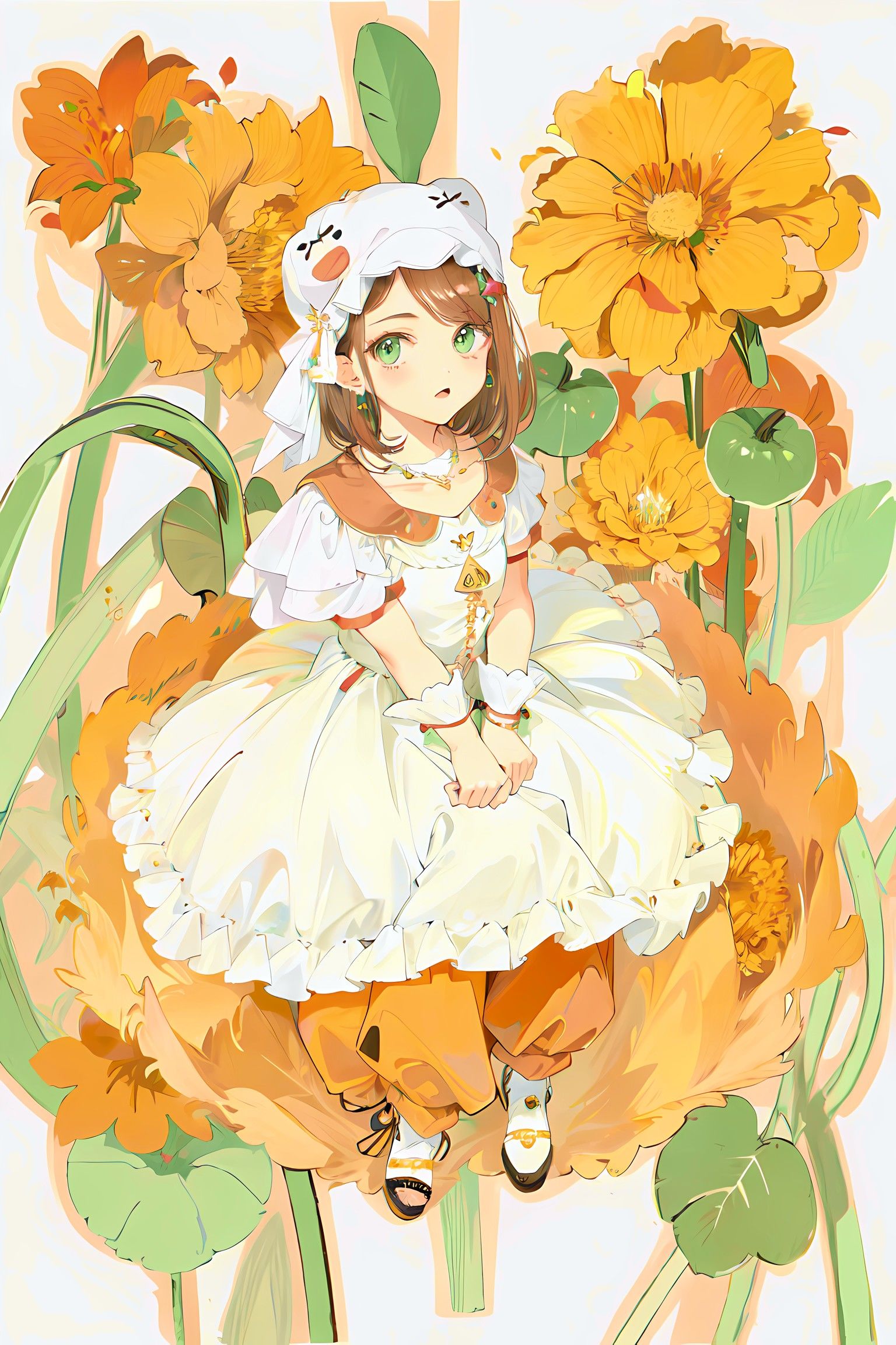 花间一女孩：阳光葵花，绿眼白衣，橘子耳饰，花环发箍。插画图片壁纸