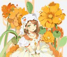花间一女孩：阳光葵花，绿眼白衣，橘子耳饰，花环发箍。