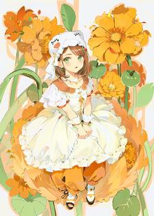 花间一女孩：阳光葵花，绿眼白衣，橘子耳饰，花环发箍。插画图片壁纸
