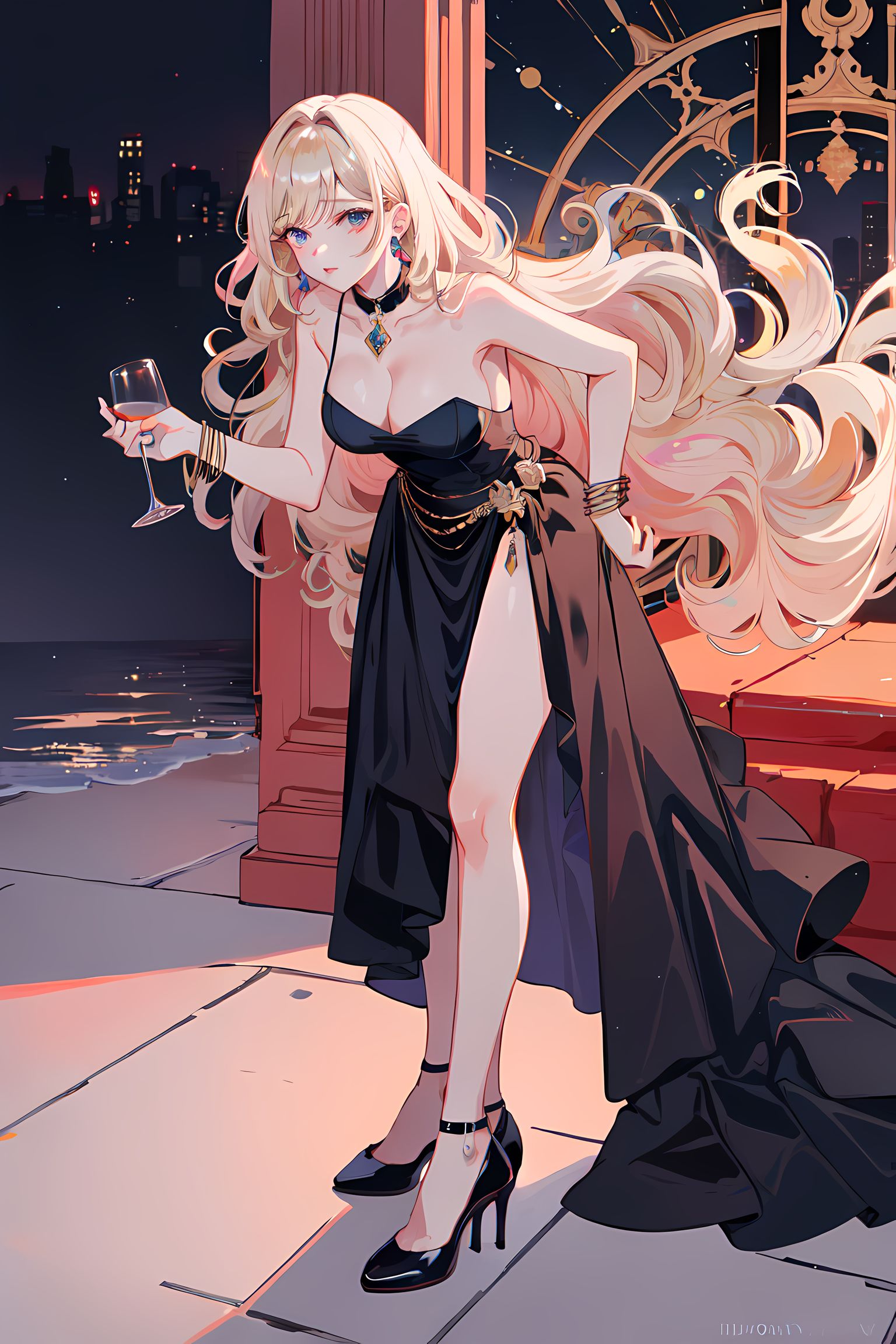 星夜清饮，名媛轻纱插画图片壁纸