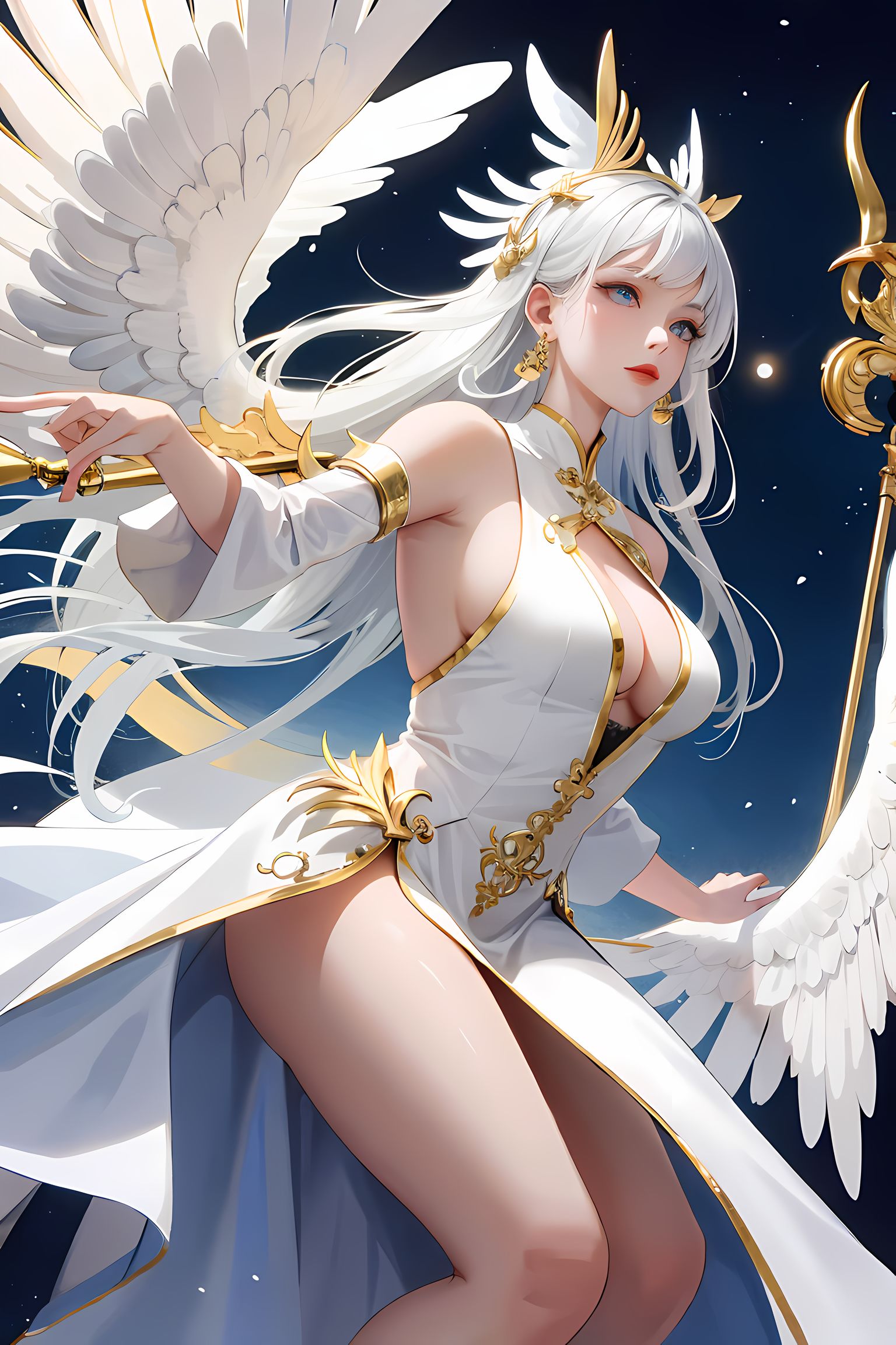 星空下的白羽翼少女。插画图片壁纸