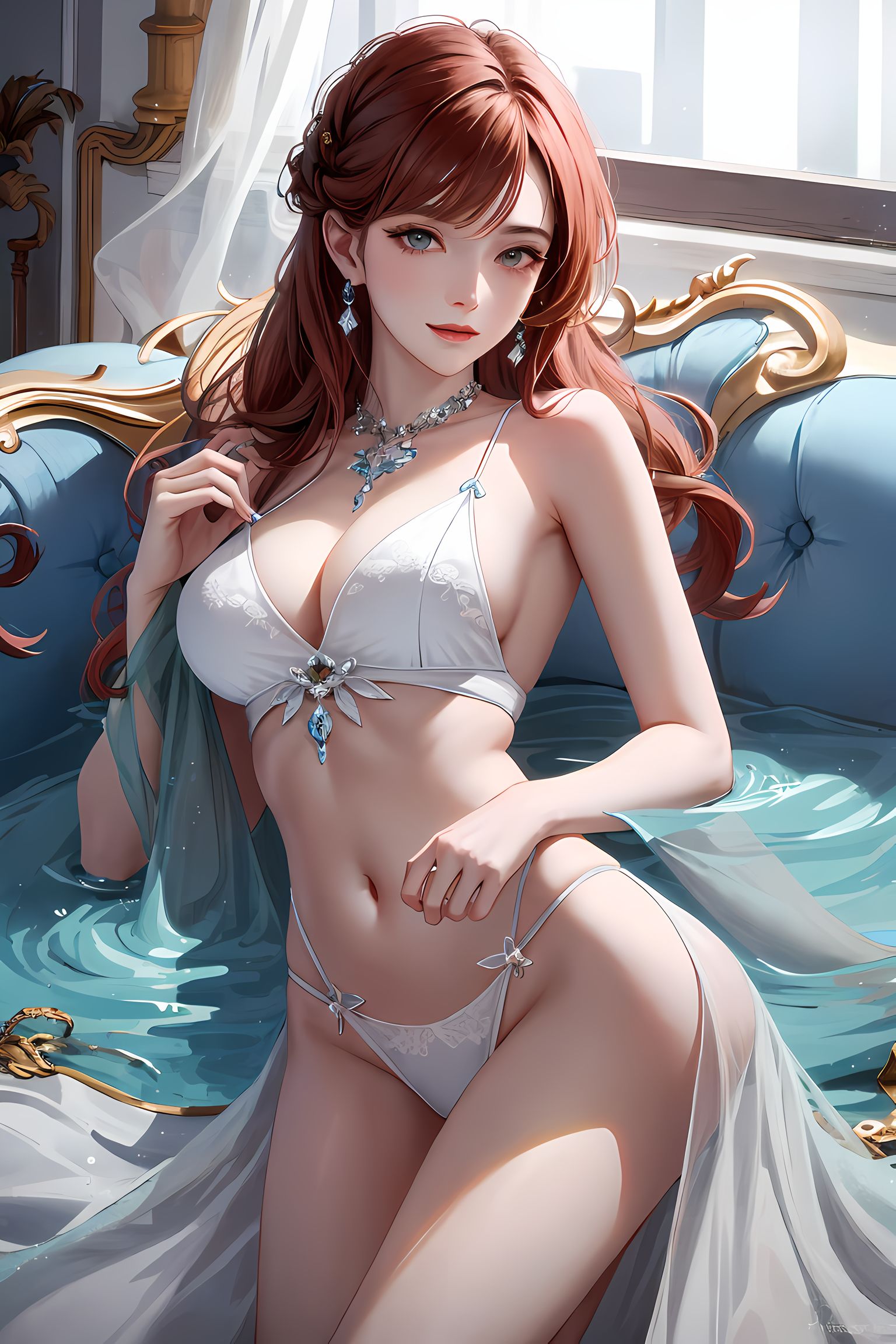 少女为你展示——二次元插画风格中的珠宝、长发、胸部、耳环、脐环、白比基尼、棕发、沙发、颈链、白丁字裤。插画图片壁纸