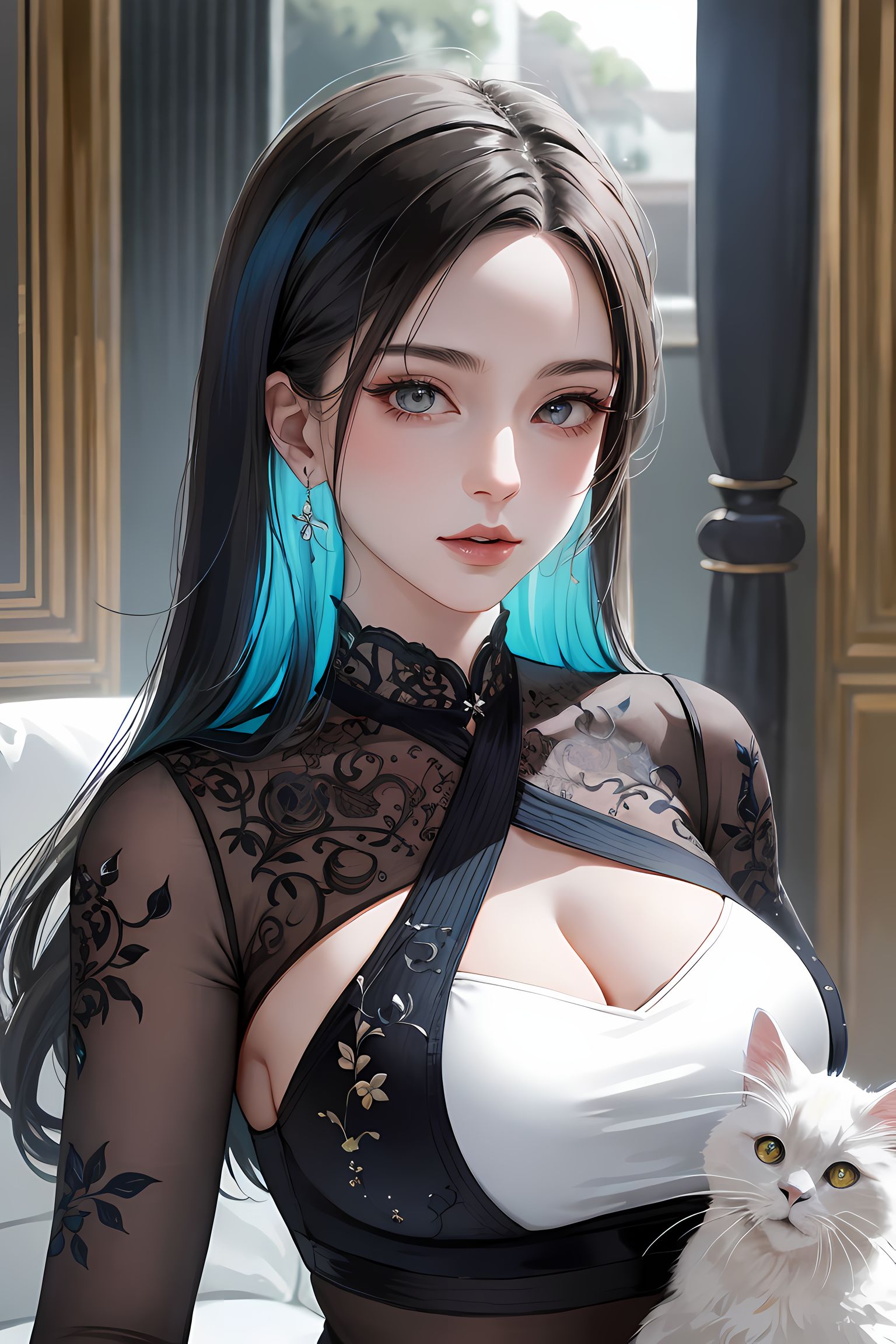 二次元女孩与猫咪窗边亲密互动插画图片壁纸