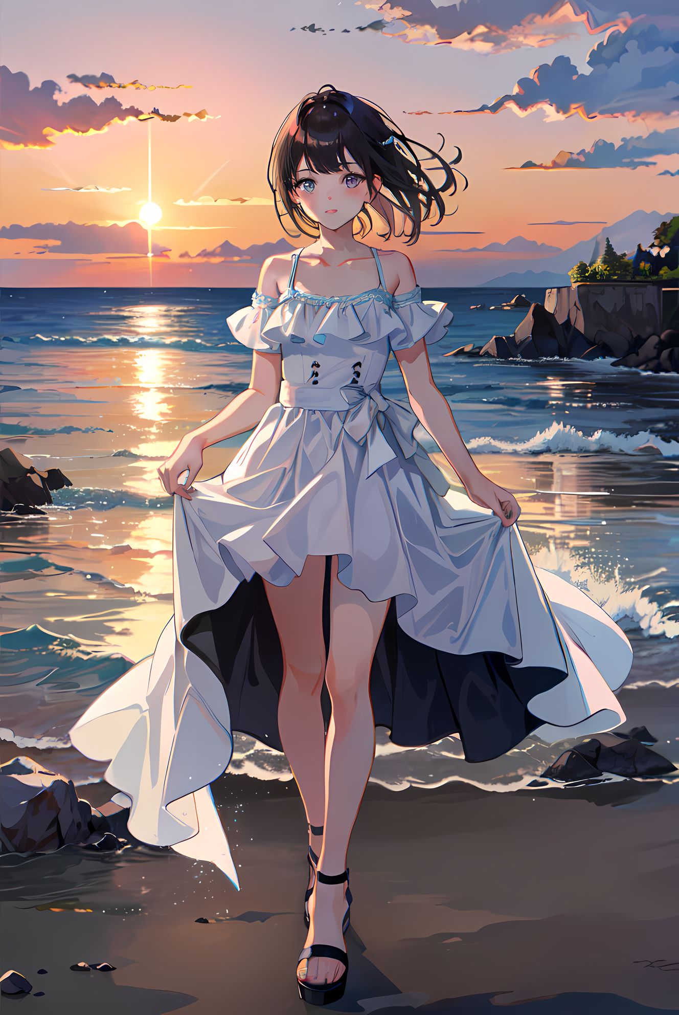 夕阳下海边的白色连衣裙少女插画图片壁纸